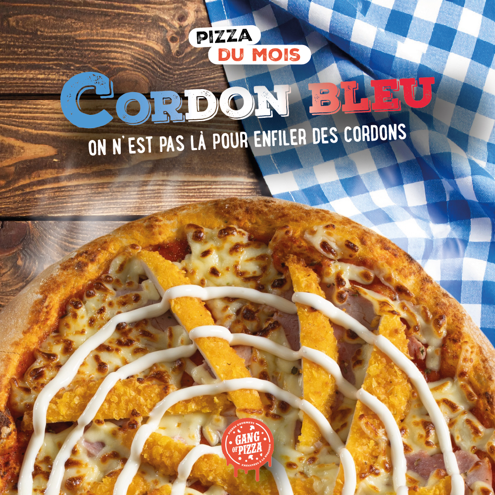 Pizza Cordon Bleu avec poulet pané croustillant, jambon, sauce fromagère, mozzarella et base tomate, disponible 24h/24 dans les distributeurs automatiques Gang Of Pizza.